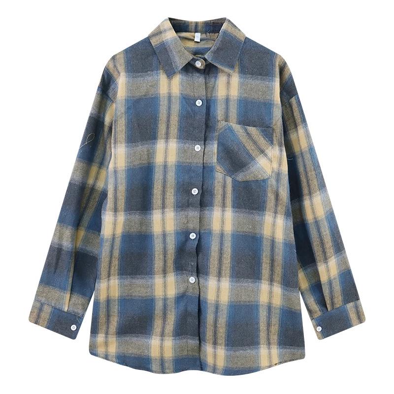 

Женская клетчатая рубашка в стиле ретро с начесом - Свободный крой, длинный рукав, верхняя одежда для осени 2024 XL