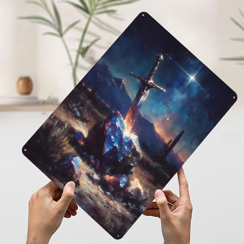 

Sword in Stone Fantasy Landscape Printed Poster Customized Wall Art Retro Vintage Metal Tin Signs for Living Room Decoration 20x30cm（7.8x11.8inch）