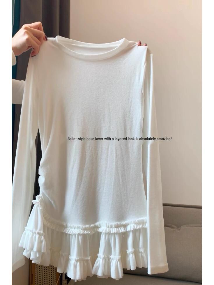 Women s Slim Fit Long Sleeve White Ballet Lace Trim Base Layer Top S