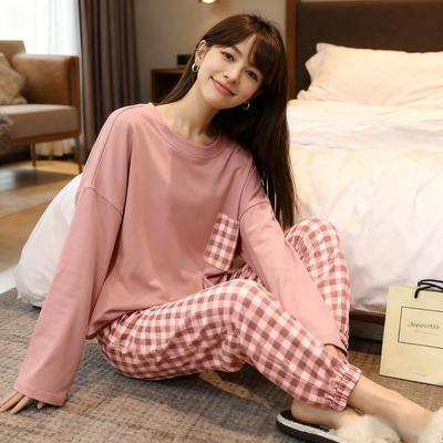 Ensemble de pyjama à manches longues à carreaux coréen pour femme – Tenue décontractée confortable pour le printemps et l'automne