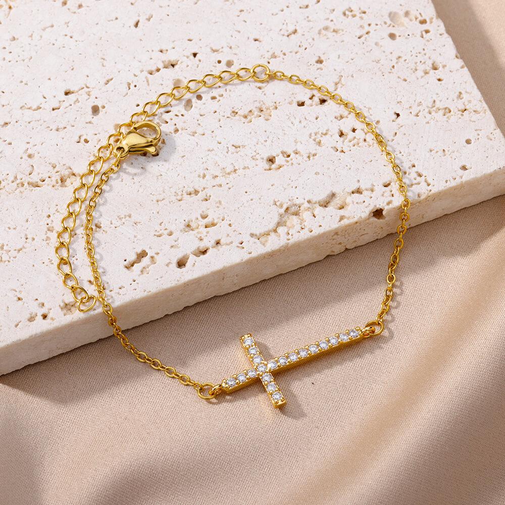 Crystal Cross Bracelets For Women Men Fashion Gold Color Stainless Steel Cross Bracelet Vintage Religion Aesthetic Jewelry Gift
