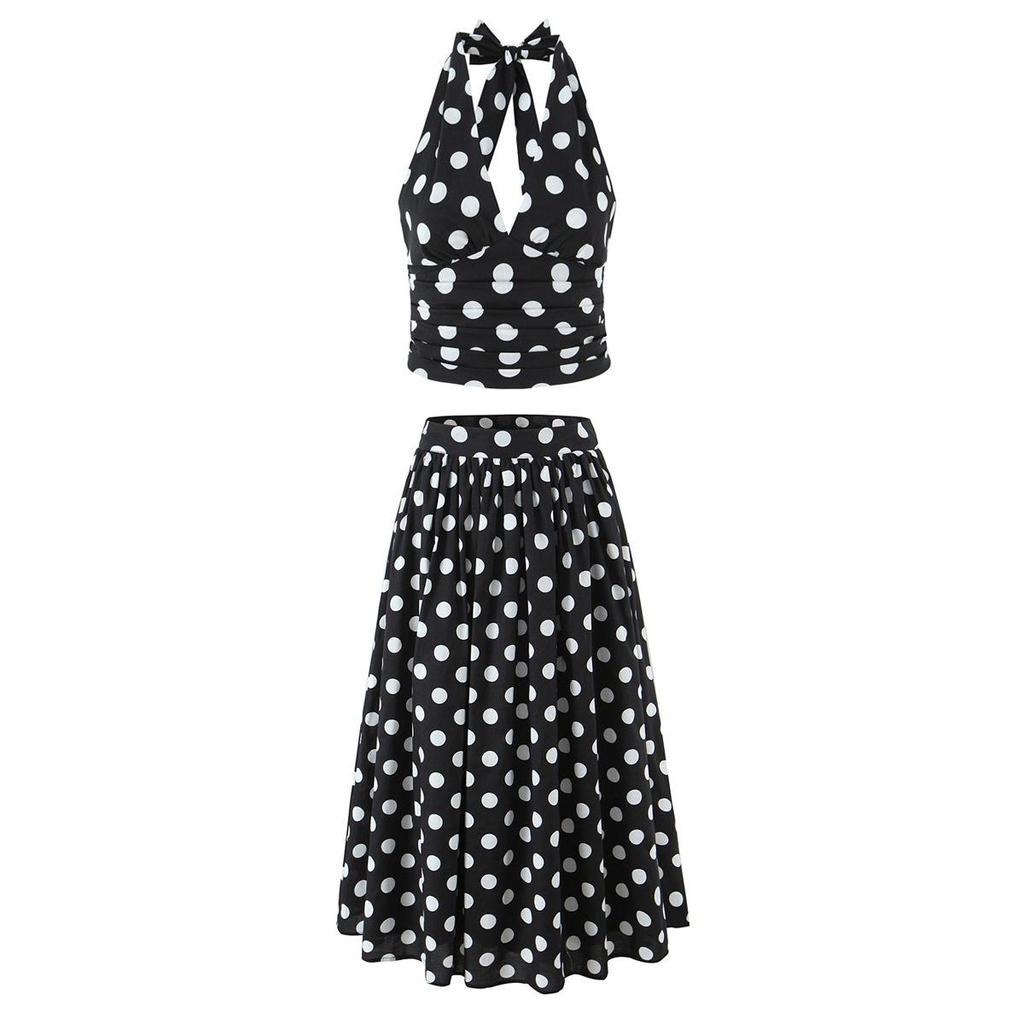 Women's 2025 Autumn/Winter Halter Polka Dot Backless Camisole & High-Waisted A-Line Skirt Set