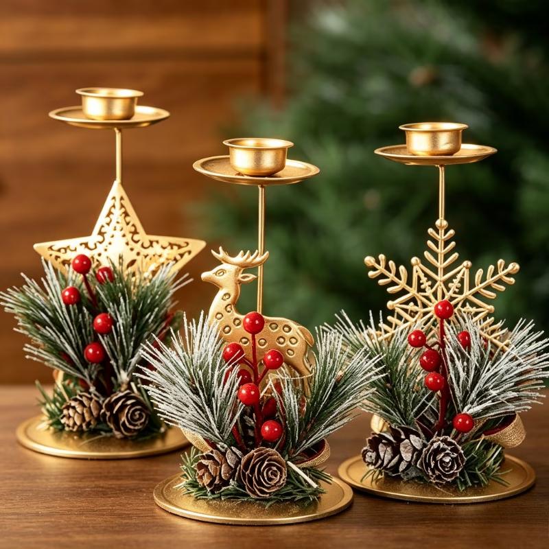 Golden Christmas Tea Light Candle Holders Reindeer Star Snowflake Tabletop Holiday Decoration