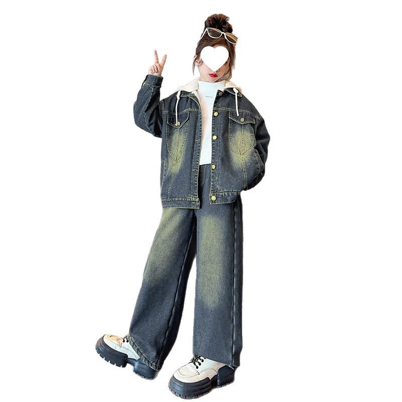 2025 Girls' Fleece-Lined Denim Two-Piece Set - Trendy Autumn/Winter Fashion for Middle and Big Kids