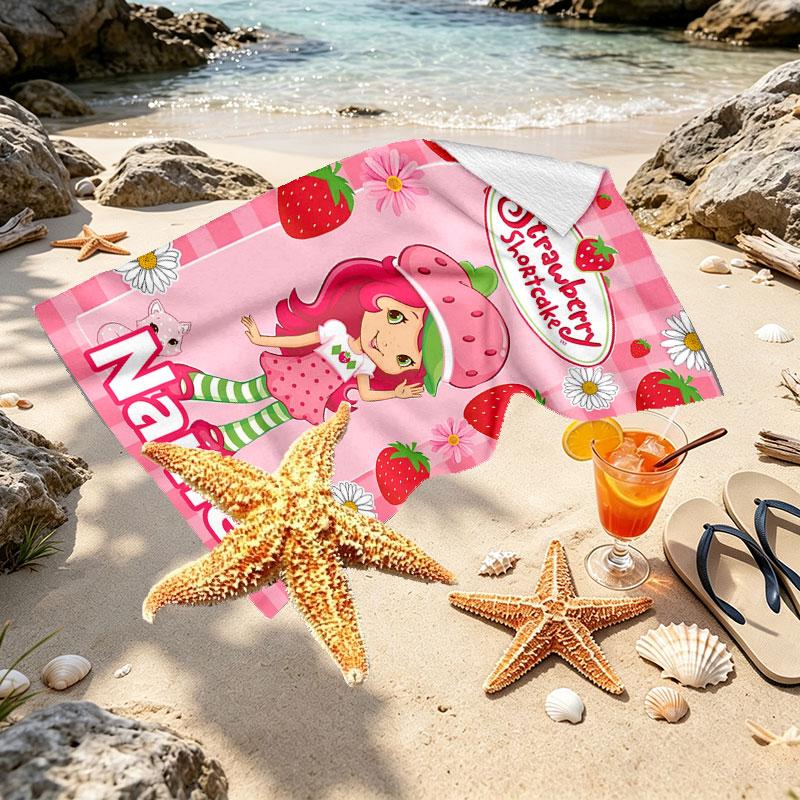 Custom Name Personalized Strawberry Shortcake Print Beach Towel, for Trip Camping Beach Party Home Decor, Birthday Gift for Family & Friends