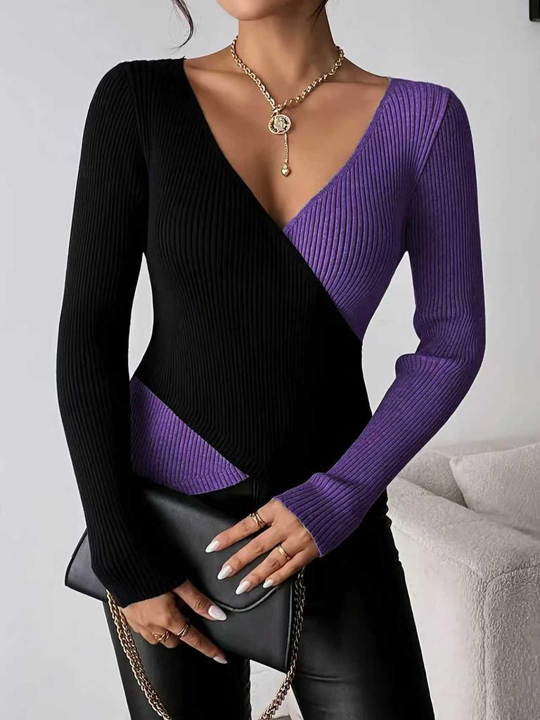 Pull Tricoté Élégant Col V Bloc de Couleurs 2025 - Top Automne/Hiver à Manches Longues pour Femmes