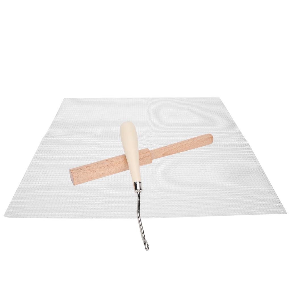Netzstoff DIY Handgefertigt Teppich Gewebtes Gitterstoffmaterial 50x50cm Holzgriff Häkeln