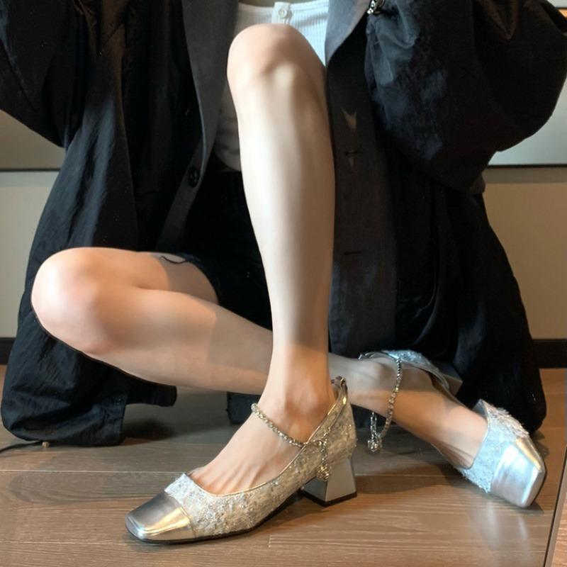 Fashion 2025 Brand Ladies Shoes Shallow Women's High Heels Fashion Bling Square Toe Dress Pumps Women Best Seller The Chain Mary Janes