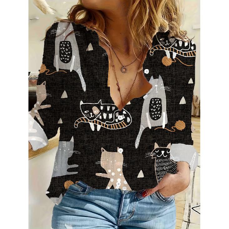 Spring and Autumn 3D Digital Print Women's Fashionable Collared Long Sleeve Casual Shirt