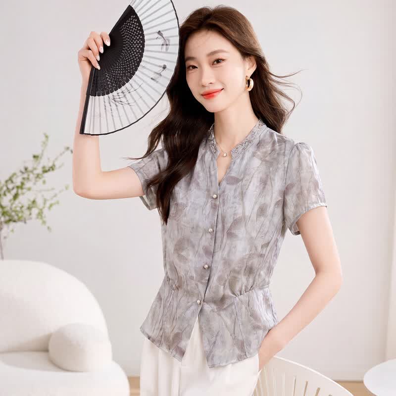 ORIGIN Women s Elegant Printed Stand Collar Short Sleeve Shirt M