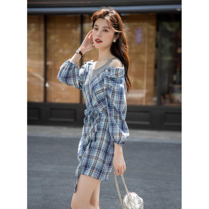 

Women s Plaid Faux Two-Piece Shirt Dress S