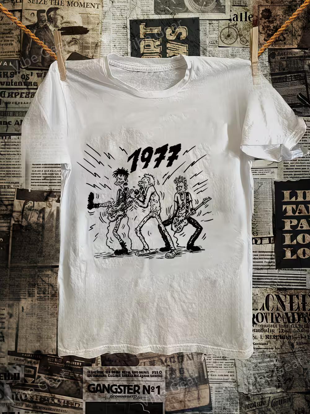 

Men s Vintage 1977 Punk Rebel T-Shirt - Soft Cotton Retro 70s Short Sleeve Tee with Punk Logo & Pin-Up Art L