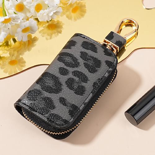Leopard Pattern Car Key Case for Men and Women Motors Key Cover Leather Car Key Holder with Keychain Car Accessories Coffee Pink