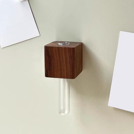 Wooden Refrigerator Magnet with Test Tube Mini Vase Flowers Plants Holder Fridge Magnet Home Office Kitchen Locker