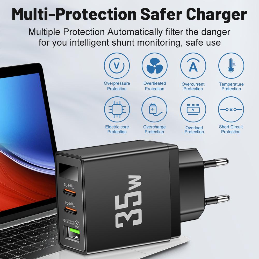 3.5A Smart USB + 2PD Digital Display Travel Charger for Mobile Phones