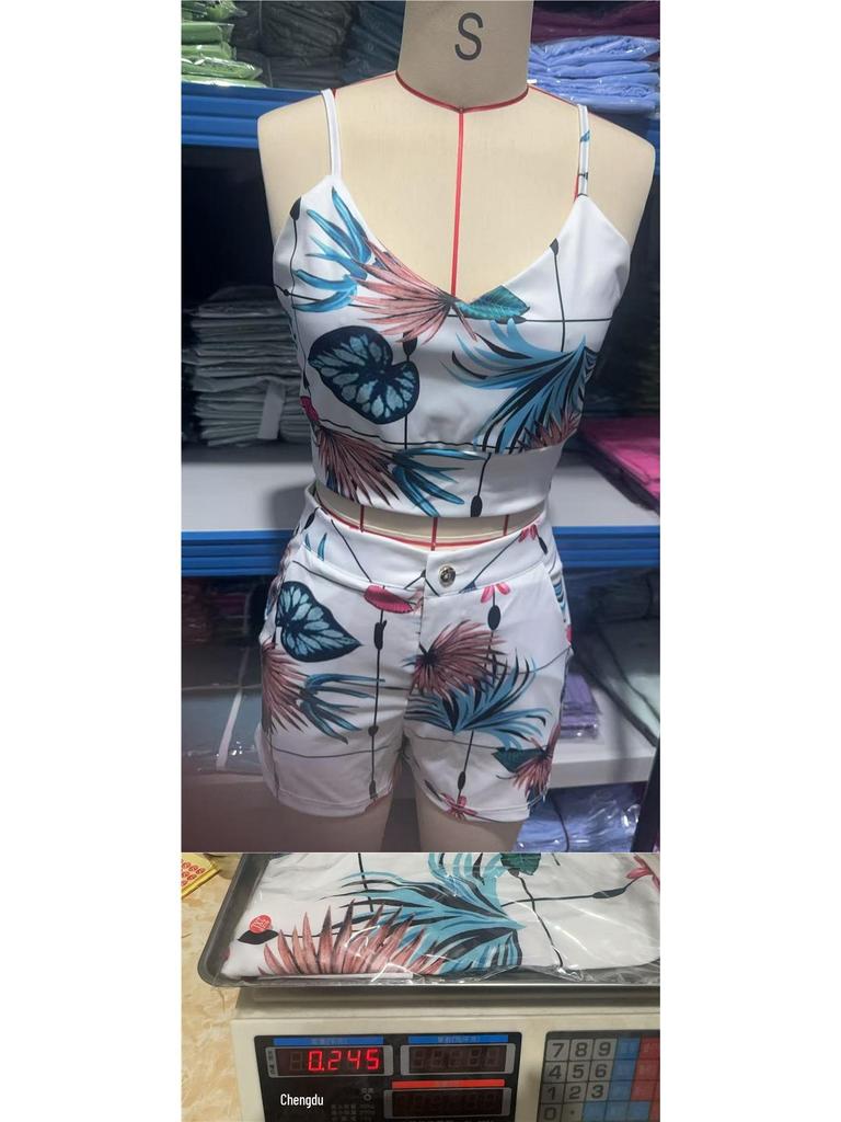 European and American Women's Summer Spaghetti Strap Slim-Fit Printed Shorts Set