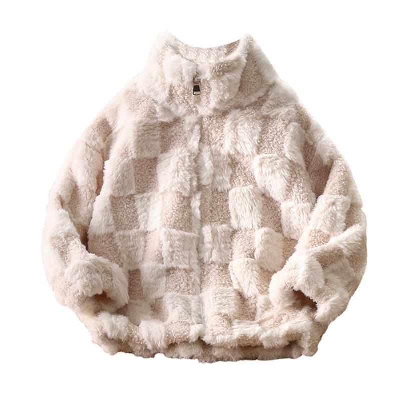 3-12 Years Kids Plush Plaid Coat Zipper Jacket