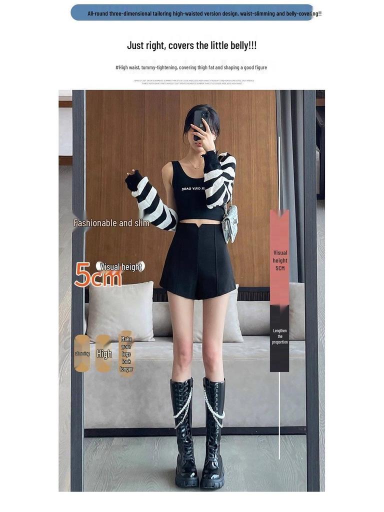 Black Women's High-Waisted A-Line Shorts - 2026 Trendy Spring/Summer Elastic Casual Wide-Leg Hot Pants