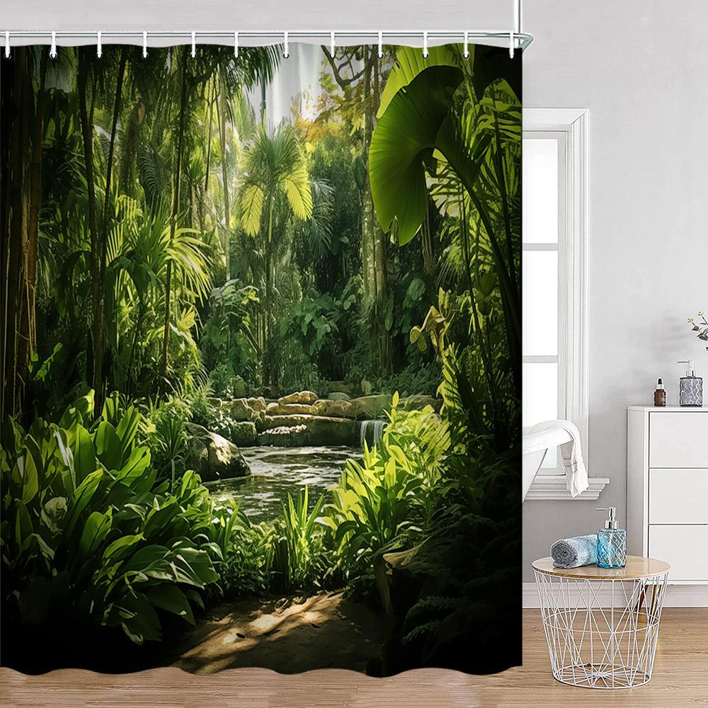 Garden Green Palnts Shower Curtains Green Leaves Chinese Garden Forest Floral Bathroom Curtains Classical Home Decor for Bath