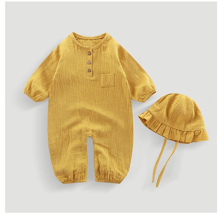 Hooded Baby Summer Romper: Double Layer Gauze, 100% Cotton, Solid Color, Breathable and Sweat-Absorbent - Ideal for Crawling and Casual Wear