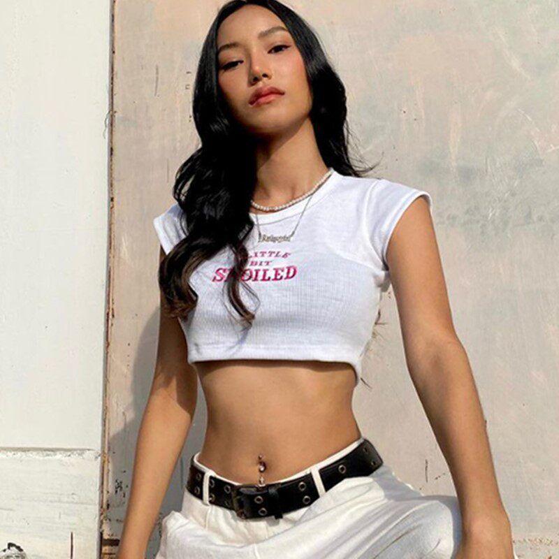 

Fashion Short Sports Short-Sleeved T-shirt Breathable Running Yoga Workout Clothes round Neck Letter Dancing Midriff-Baring Top Tee White S