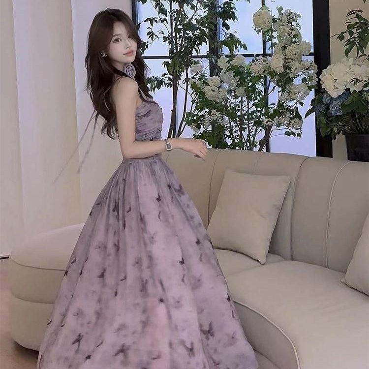 

Elegant French Retro Floral Butterfly Maxi Dress - Sleeveless, Strappy, Waist-Cinched for 2025 Summer S (80-95 cm)