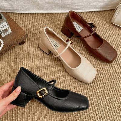 Black French Square Head Light Mouth Thick Heel Single Shoes Women's Spring Retro Heightening Mary Jane Shoes