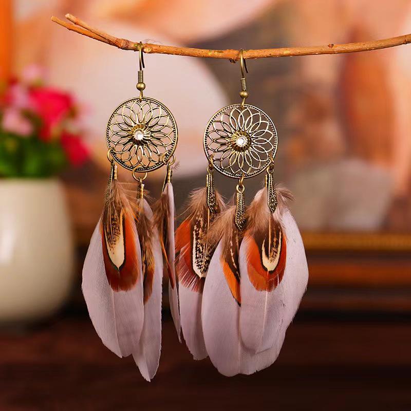 Trendy Ethnic Retro Multicolor Feather Beaded Circle Dangle Earrings