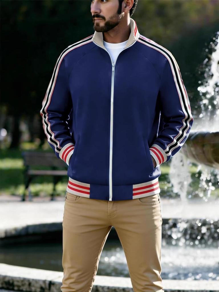 Męska codzienna sportowa kurtka z kołnierzem stojącym i wstążką - Kolekcja Jesień/Zima