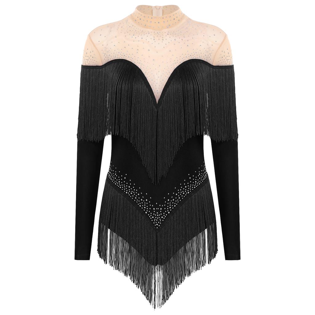 Damski trykot do tańca latynoamerykańskiego z frędzlami, z siateczką na szyi i długimi rękawami, błyszczący, z cyrkoniami, body z frędzlami
