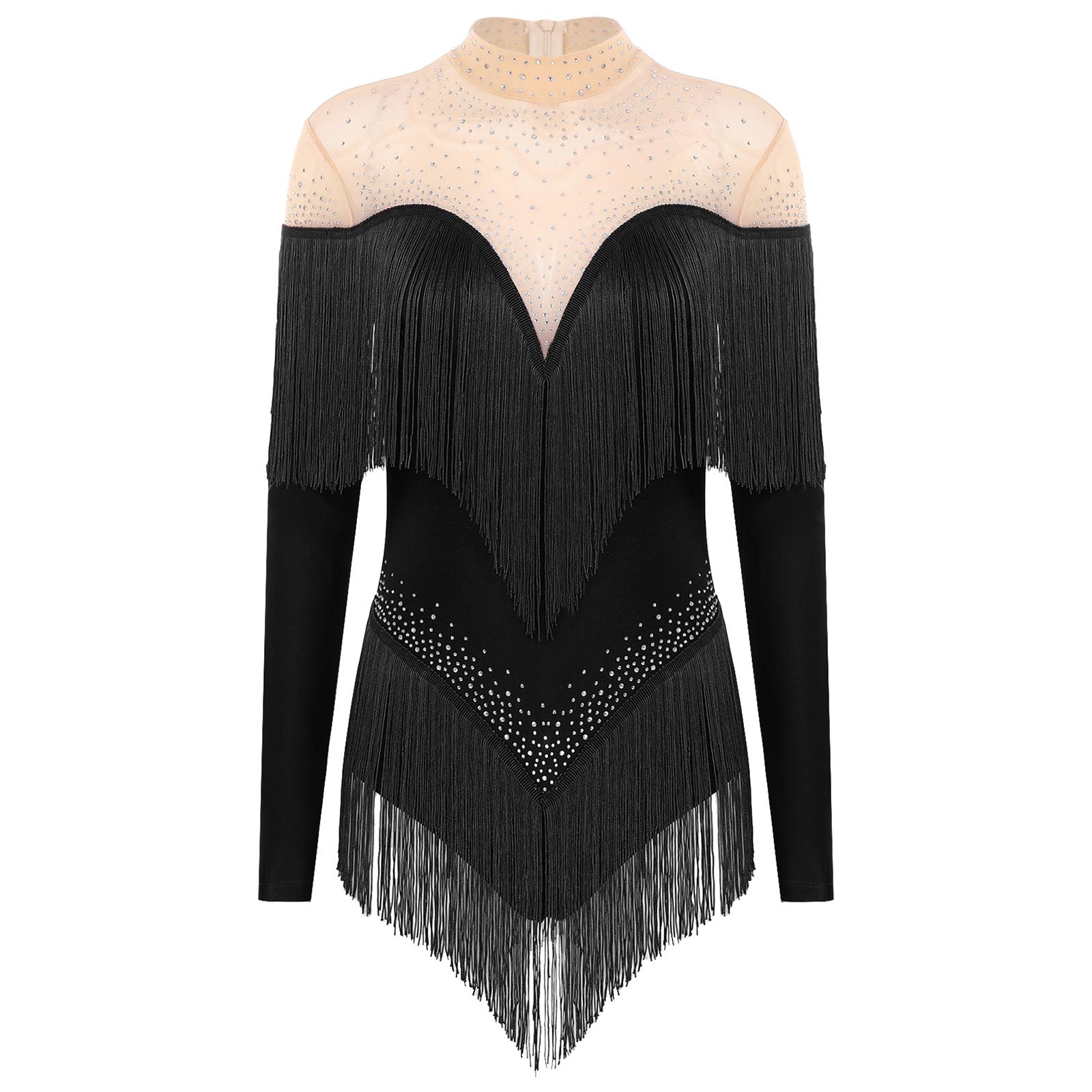 

Жіночий леотард для латиноамериканських танців з китицями, з коміром-стійкою, довгим рукавом, прозорою сітчастою вставкою, нашивками з стразів XXL чорний