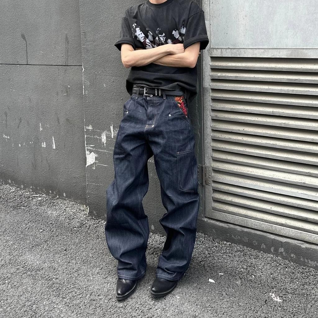 American Denim Blue Design Loose Straight Embroidered Jeans Men's Hiphop Casual Vibe Style Long Pants