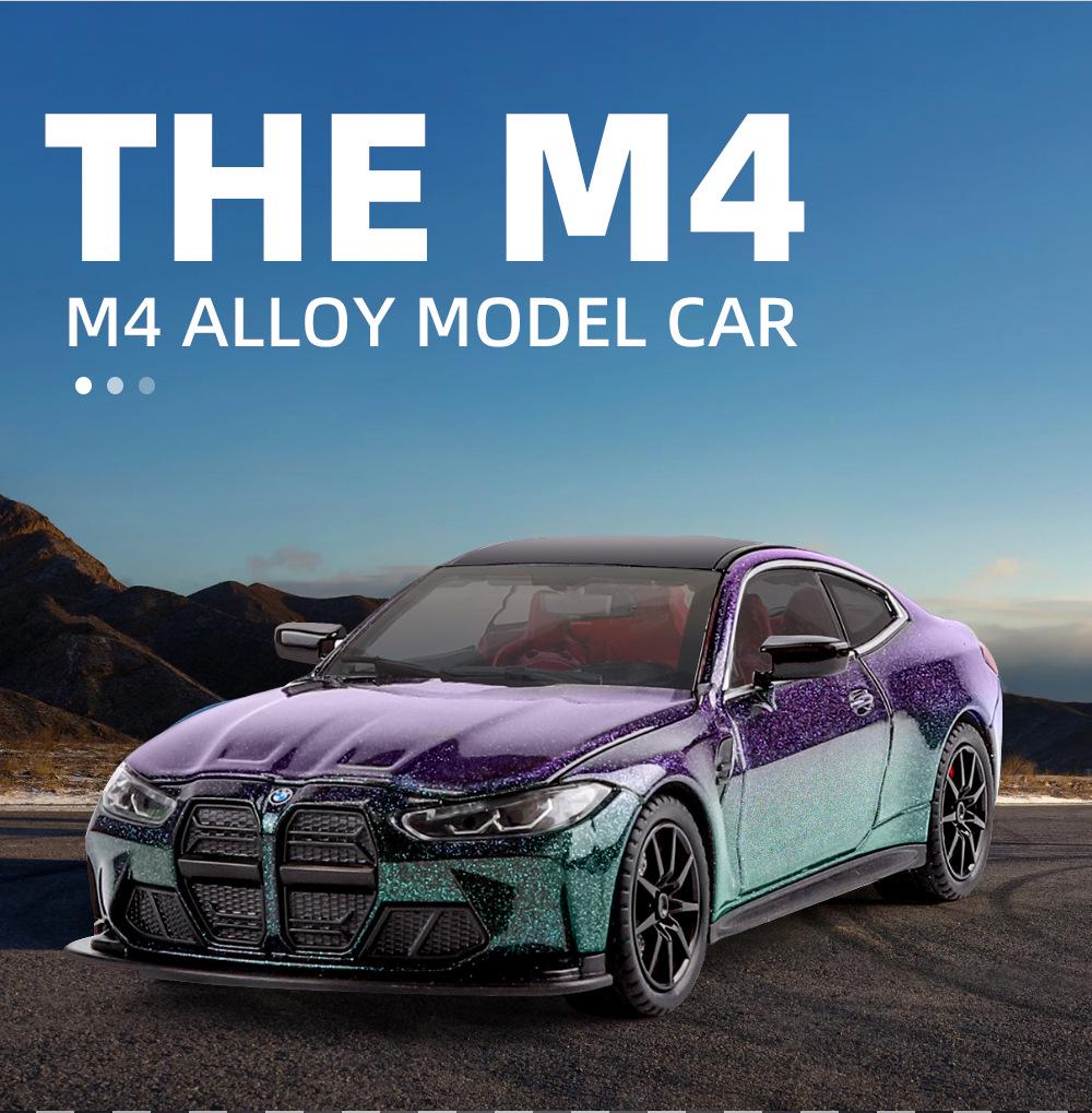 1:24 BMW M4 Diecast Car Model with Shock Absorption, Pull-Back, Steering, Sound, and Light Features.