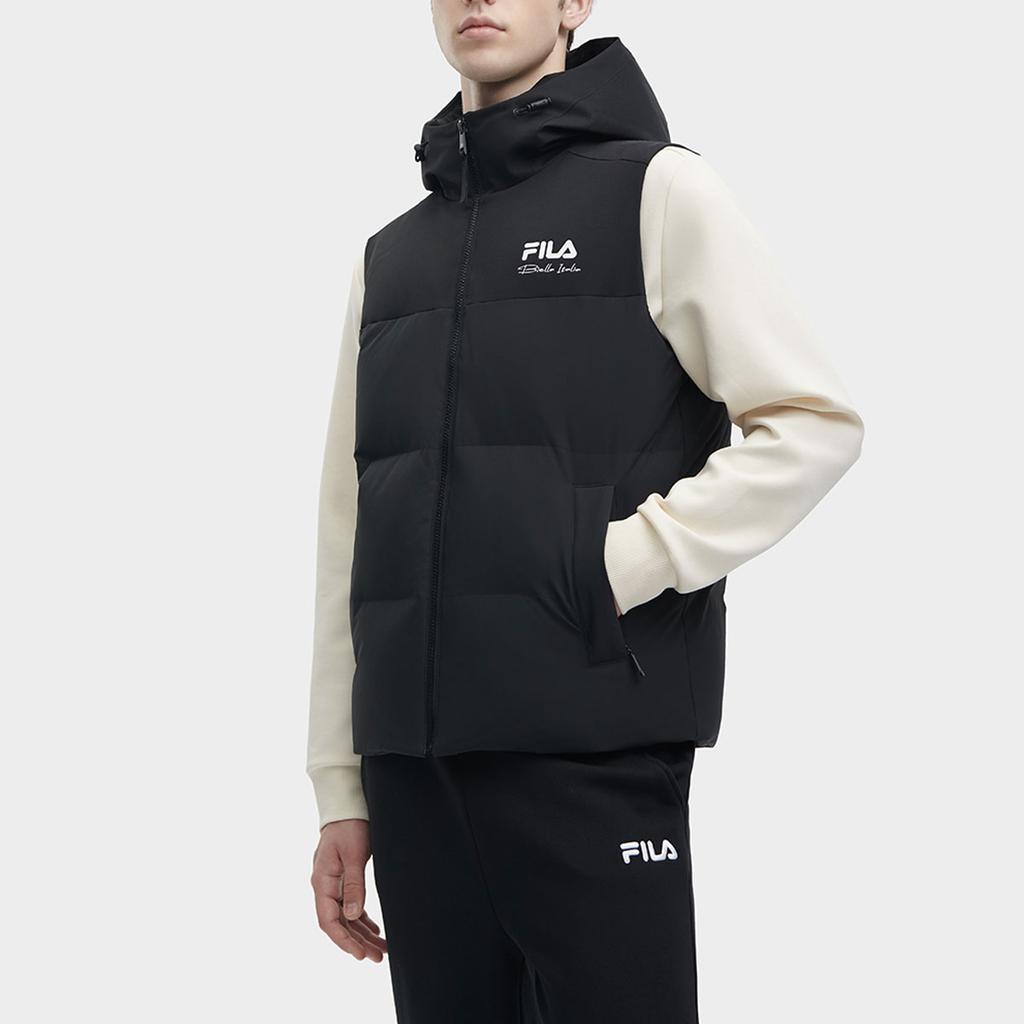Fila Logo Print Solid Color Hooded Casual Down Vest Men Vest Black F11M349908FBK
