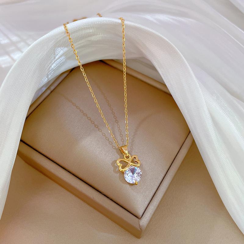 Titanium Steel Light Luxury Temperament Gorgeous Full Diamond Bow Necklace Women'S Versatile Collarbone Chain Titanium Steel Chain