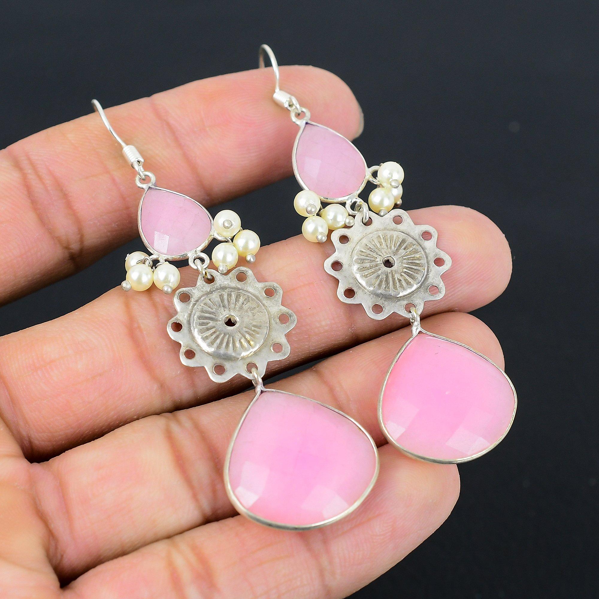 

Грушевидный розовый халцедон камень 925 стерлинговое серебро новые висячие серьги ручной работы