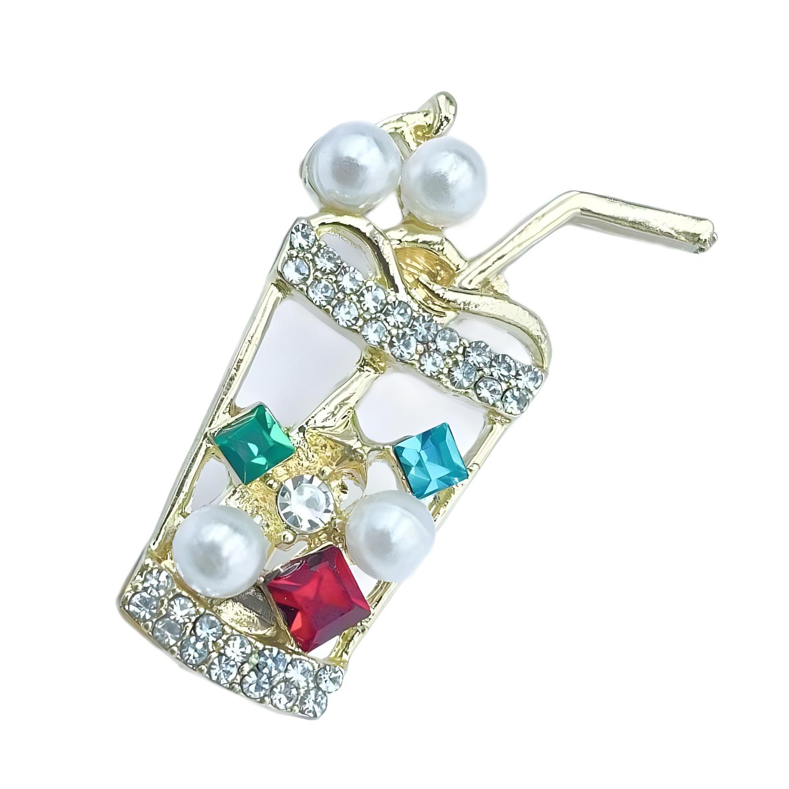 

Gold Alloy Bubble Teas Pin with Zircon Rhinestones Beverage Cup Brooch Decorative Badge Jewelry Stylish Gift For Her