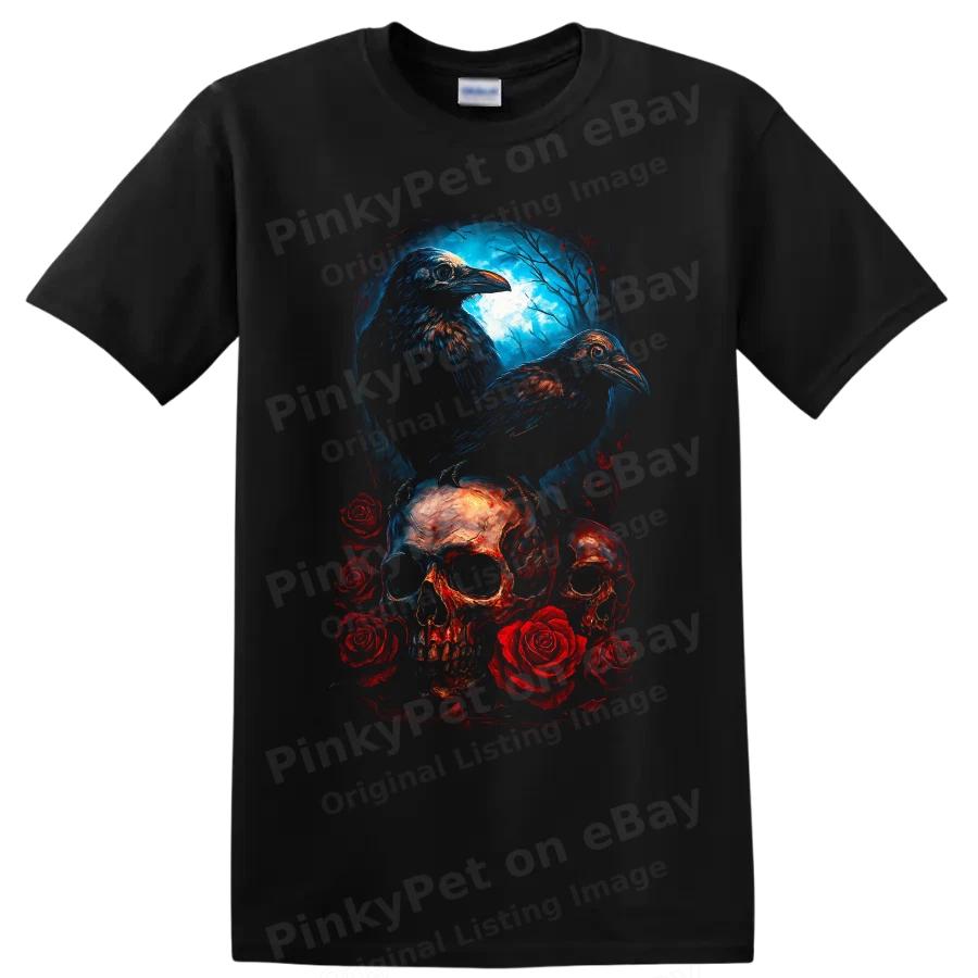 Gothic Skull Ravens Red Roses Halloween Horror T Shirt Dark Art Tee Graphic