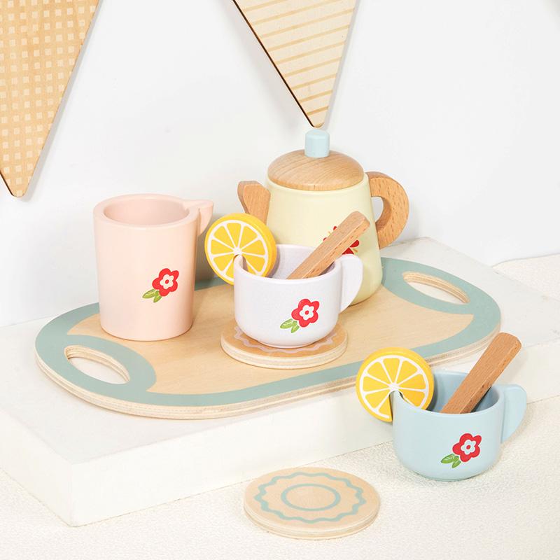 Kids Wooden Tea Set Play House Pretend Make Tea Play With Teapot Teacup Afternoon Snack Role Playing Toys Boys Girls Gift