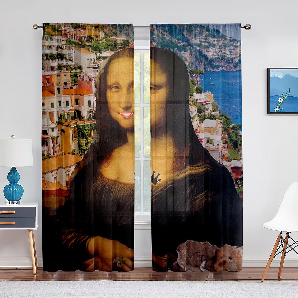 Тюлевая занавеска с изображением Моны Лизы и забавных котят для спальни — фото 15