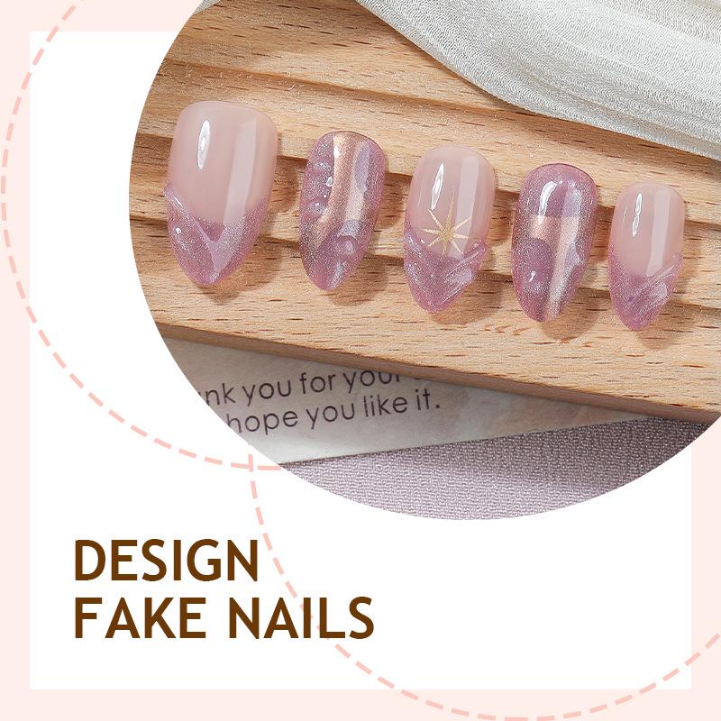 30 Pcs Purple Cat Eye Long-Wear Nails with Starlight Gradient and Gilded Nail Art Stickers