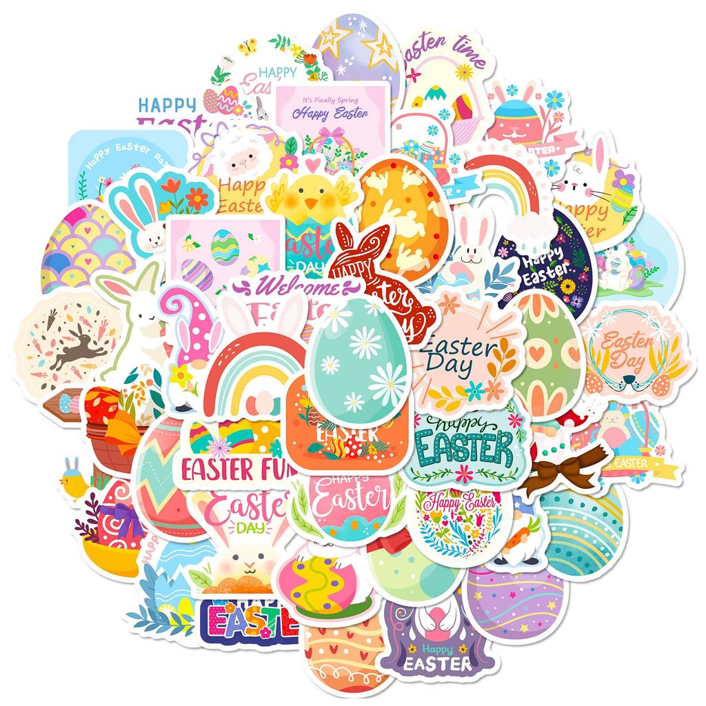 50pcs Easter Egg Children's Party Stickers Cute Cartoon Easter Egg Rabbit Element Arrangement Party Stickers Holiday Sticker