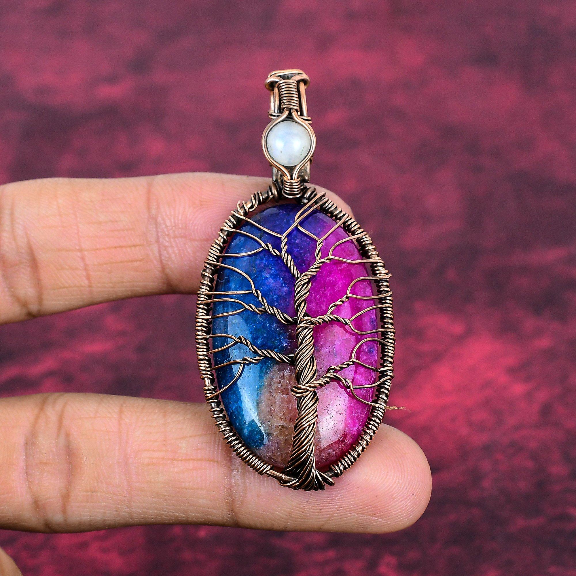 

Tree Of Life Rainbow Solar Quartz Druzy Pendant Copper Wire Wrapped Jewelry