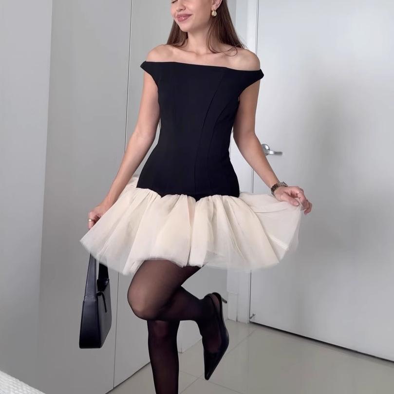 

European & American Off-the-Shoulder Slim Fit Patchwork Princess Dress XX-Large