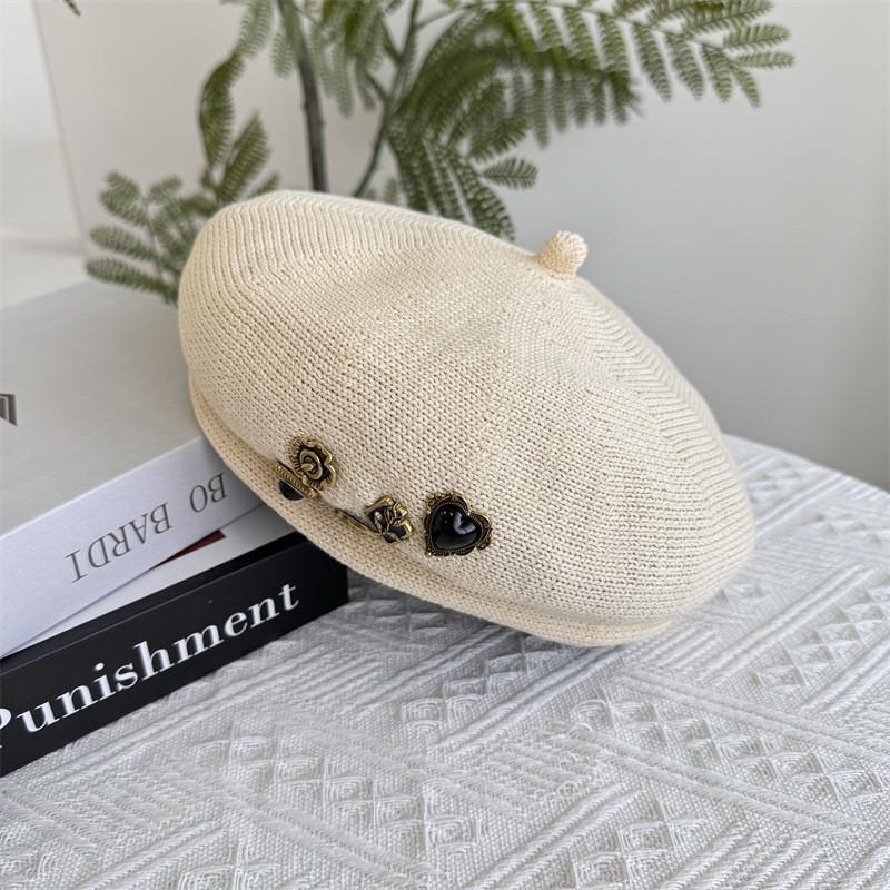 Elegant Japanese Style Oversized Button Decor Beret Hat Women's Fashionable Hollow Breathable Eight-panel Beret