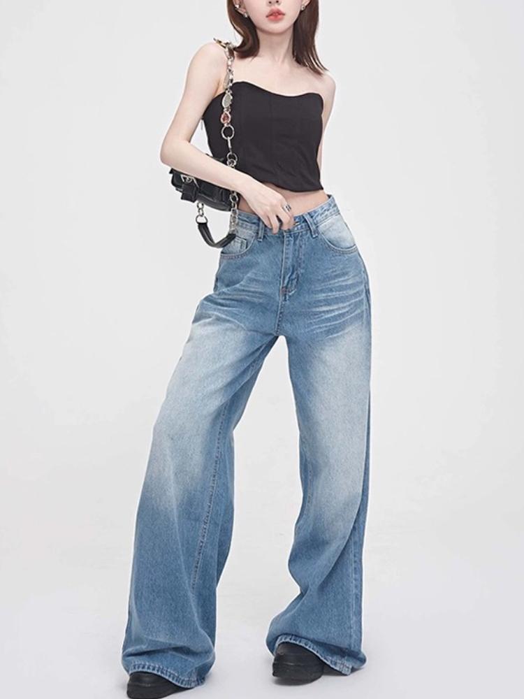 Crease Blue Elegant Washed Jeans Women All Match Vintage Mop Pants Loose Straight Fashion Design Wide Leg Pants Streetwear