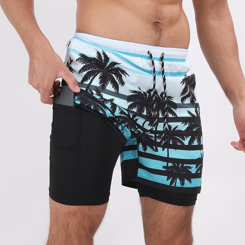 Crazy Muscle Summer Men's Printed Double Layer Plus Size Beach Shorts