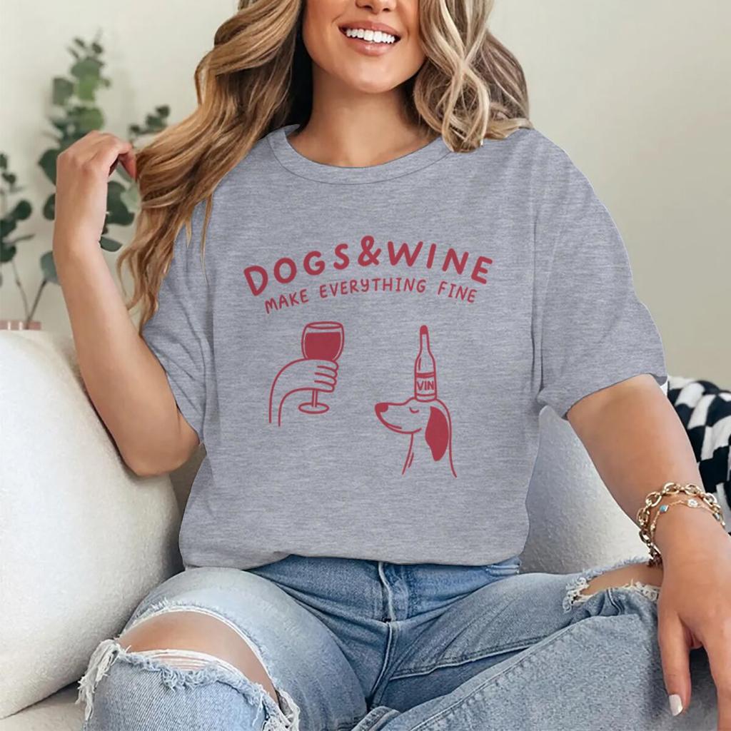 Hunde Und Wein Machen Alles Gut Lustige Vintage Grafik T-Shirts Tier Shirt Mode Hundemama T-Shirts Geschenke Damen Y2K Oberteile