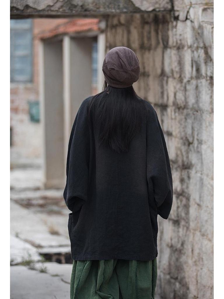 Ramie Cotton Sand-Washed Distressed Women’s Frog Button Top Jacket - Autumn/Winter Chinese Style