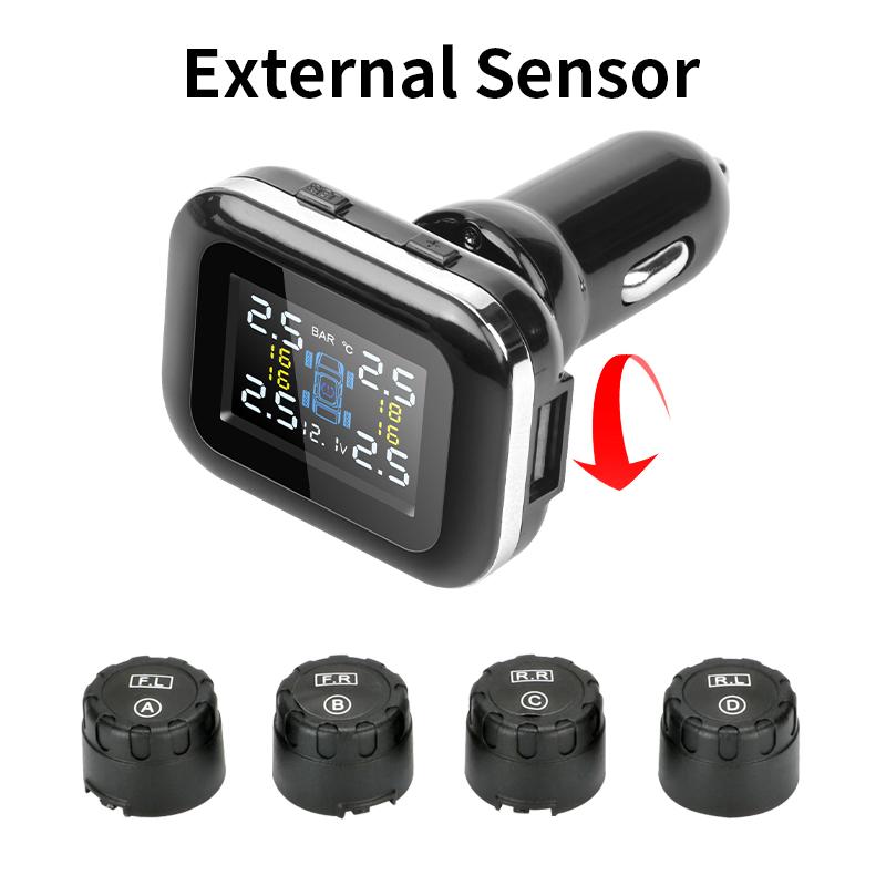 JMCQ TPMS Car Security Alarm System Tire Pressure Alarm Monitor System 4 Auto Tyre Pressure Sensors Cigarette Lighter Display External Sensor